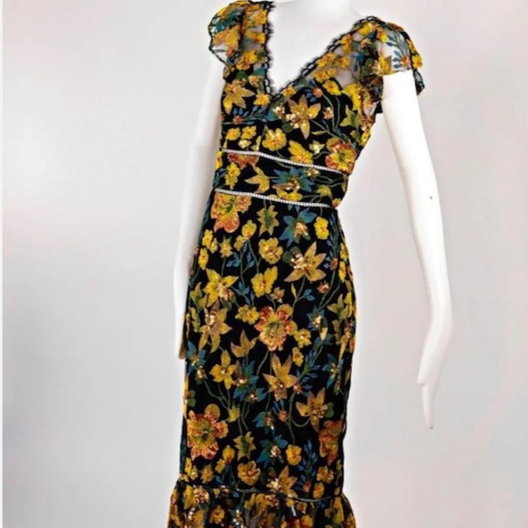 CHEAP/STUNNING marchesa dress, midi, flowers print full of sequins - Picture 2 of 6